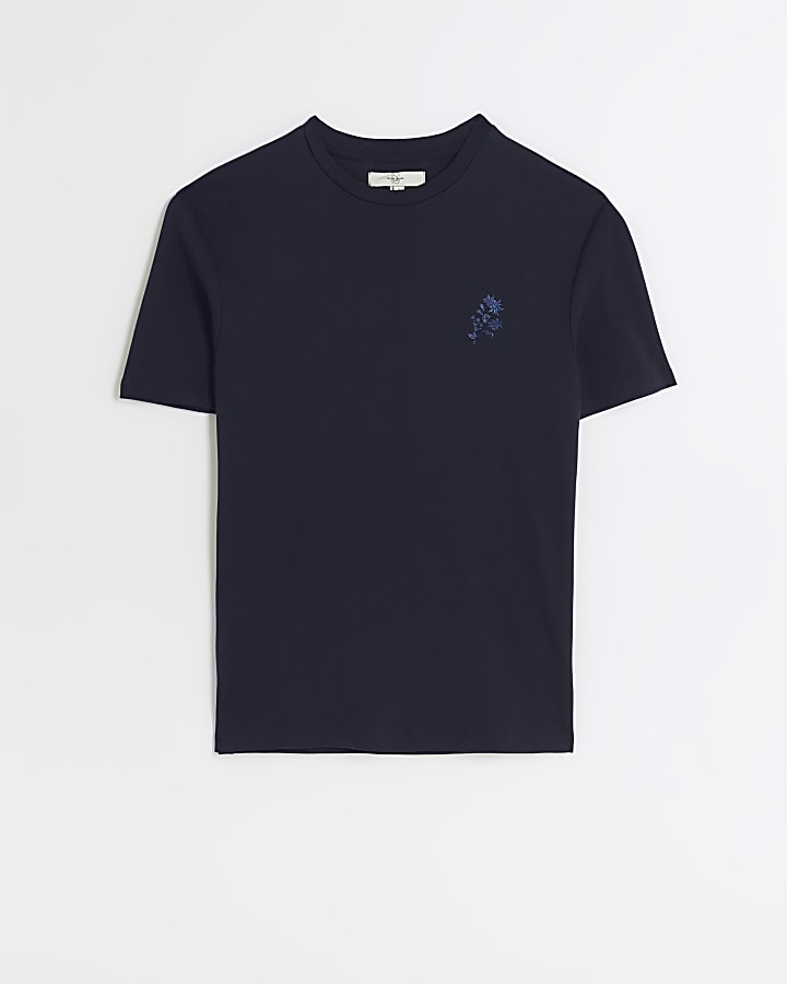 Navy slim fit chest embroidery t-shirt
