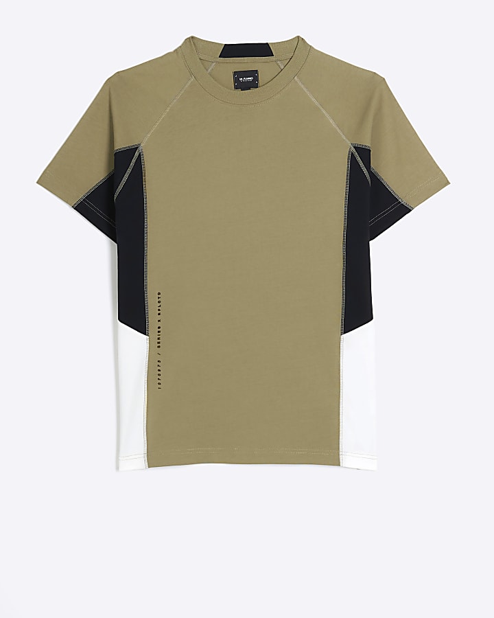 Khaki regular fit colour block t-shirt