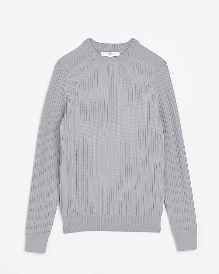Grey Muscle fit Ribbed crew neck jumper
