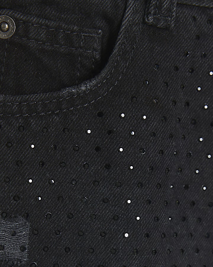 Girls black denim diamante skirt