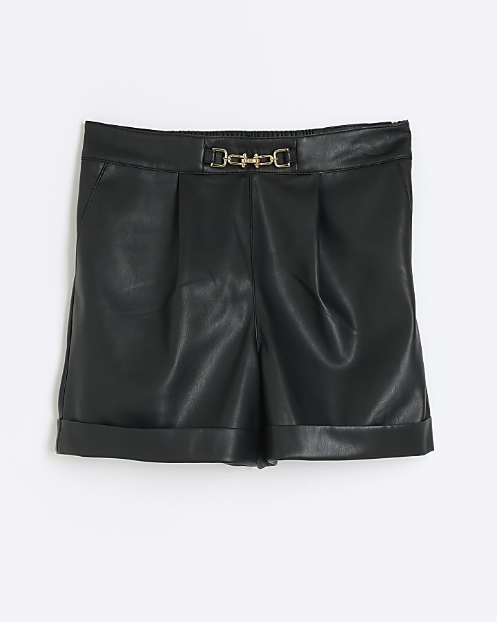 Petite black faux leather shorts
