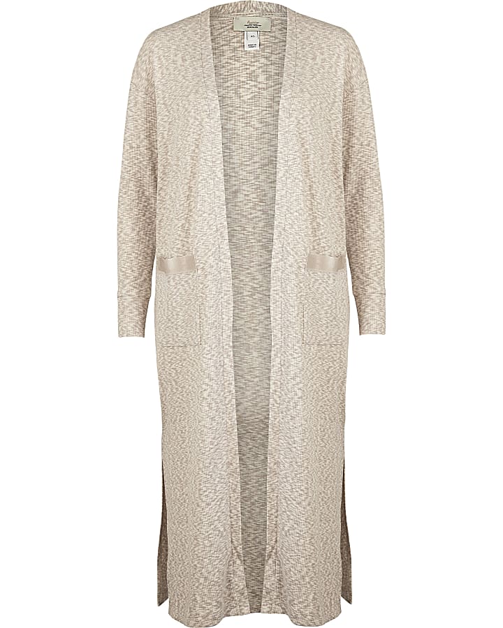 Ecru space dye print maternity maxi cardigan