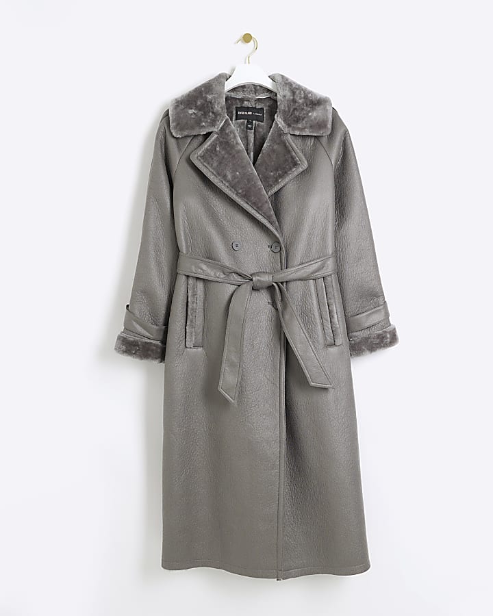 Grey belted shearling trench coat