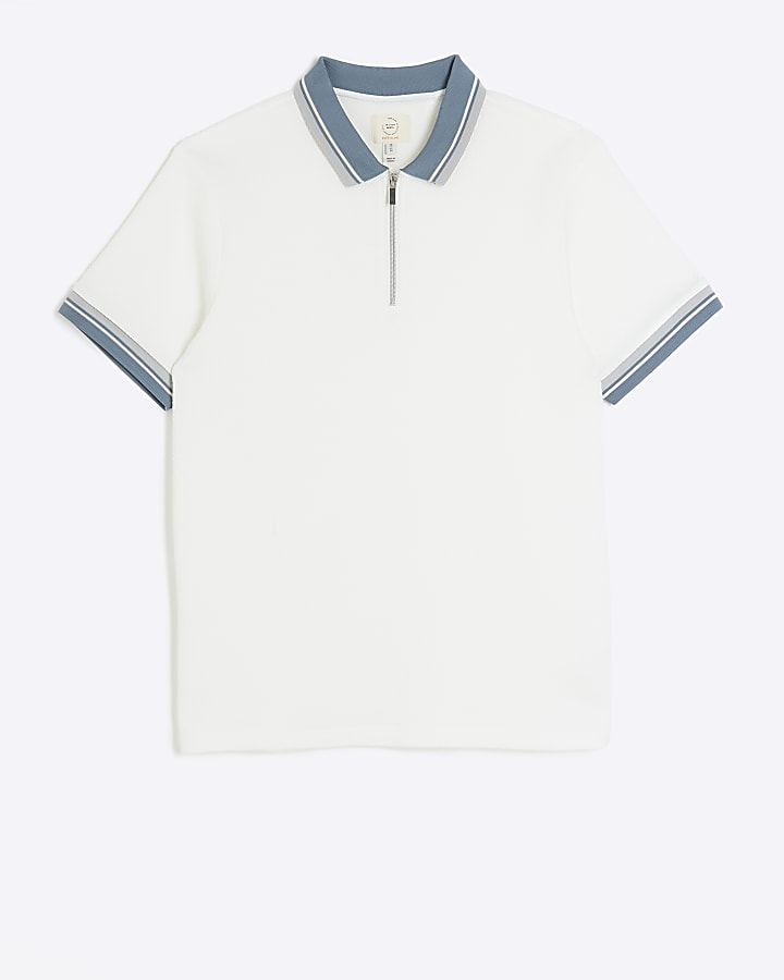 Ecru slim fit taped half zip polo