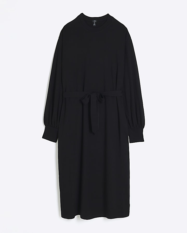Black belted sweatshirt midi dress