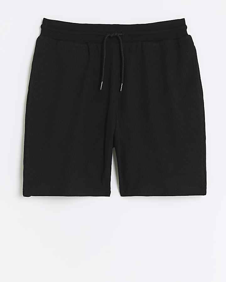 Black regular fit waffle lounge shorts