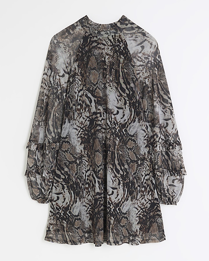 Beige animal print frill shift mini dress