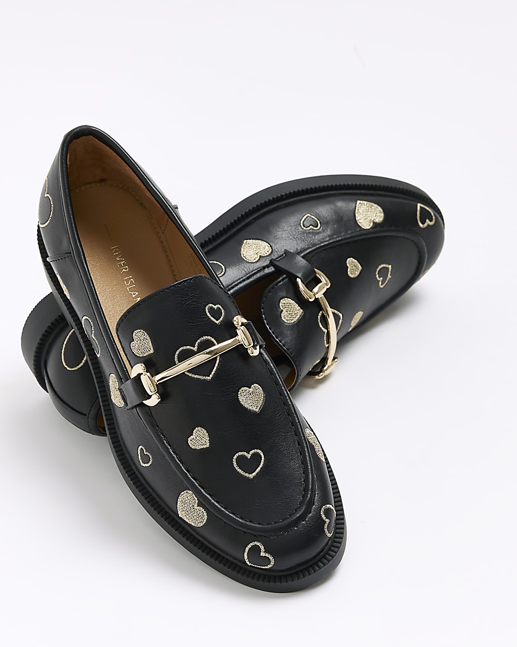Black embroidered heart loafers
