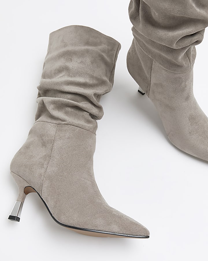 Grey suedette slouch heeled boots