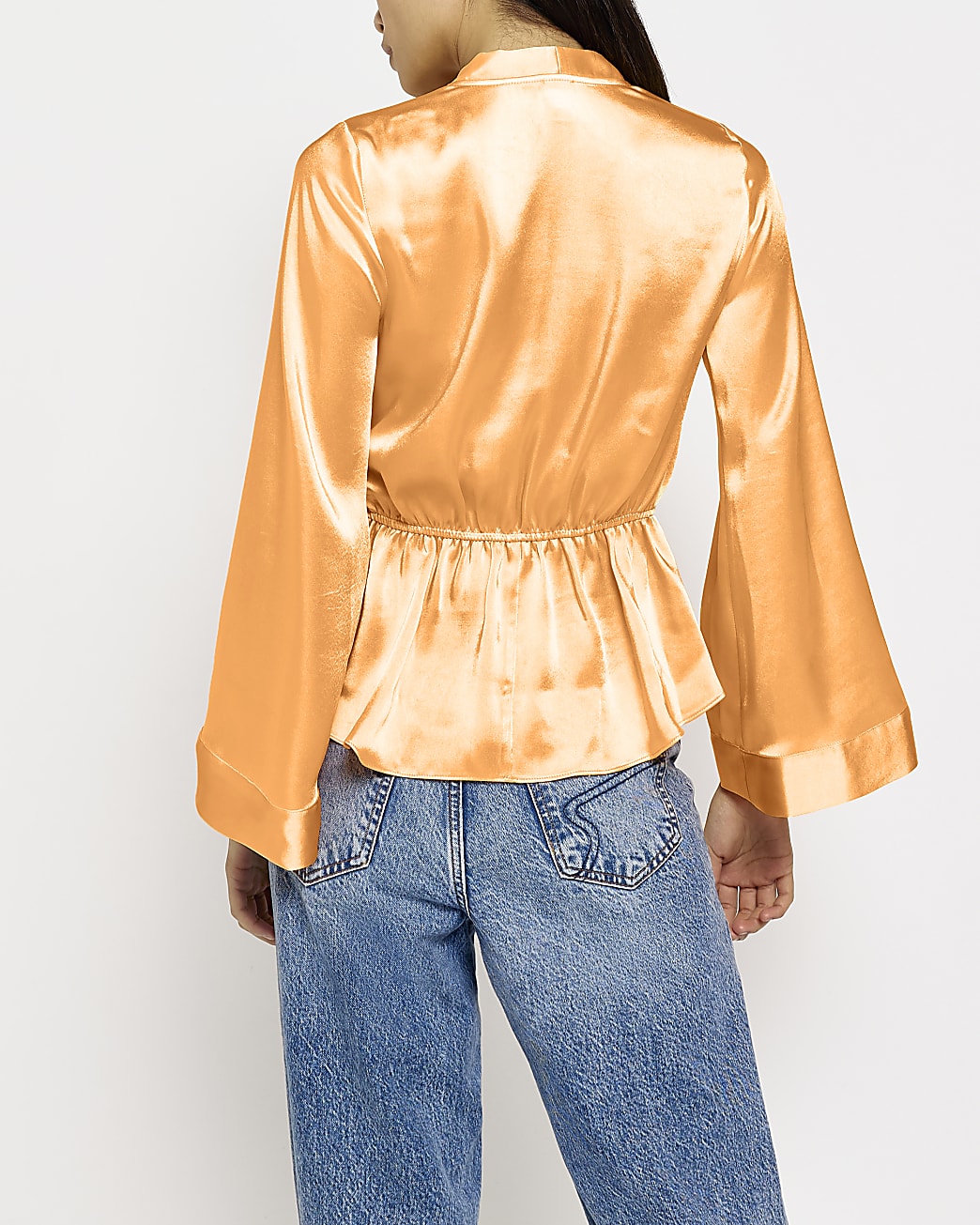 Orange satin tie front long sleeve blouse
