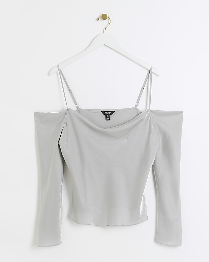 Silver cold shoulder long sleeve top