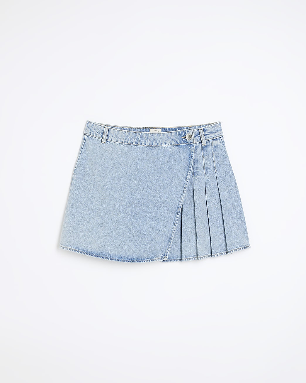Blue denim pleated wrap mini skirt