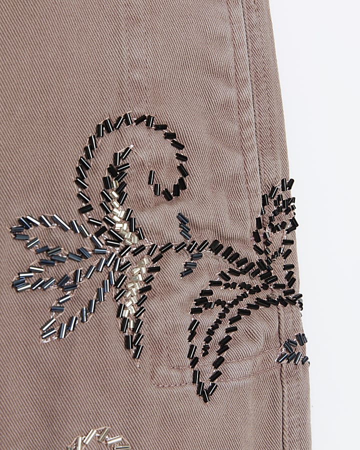 Pink embroidered belted cargo trousers