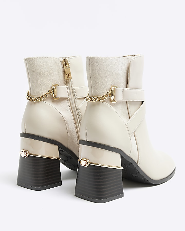 Cream wide fit chain block heeled boots