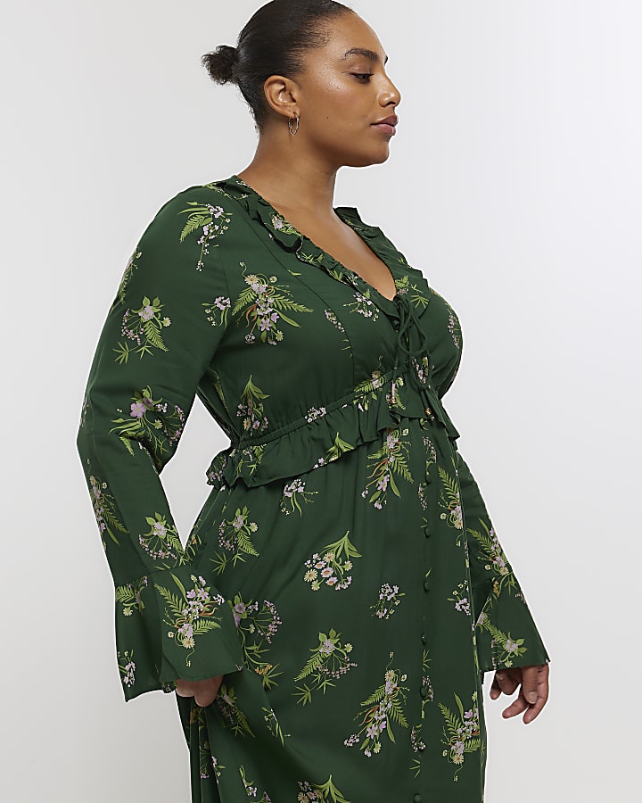 Plus green floral frill swing midi dress