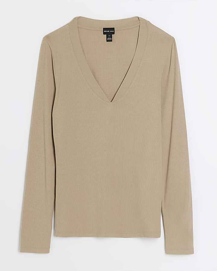 Brown rib v-neck long sleeve top