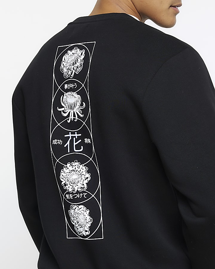 Black regular fit Japanese floral sweatshirt