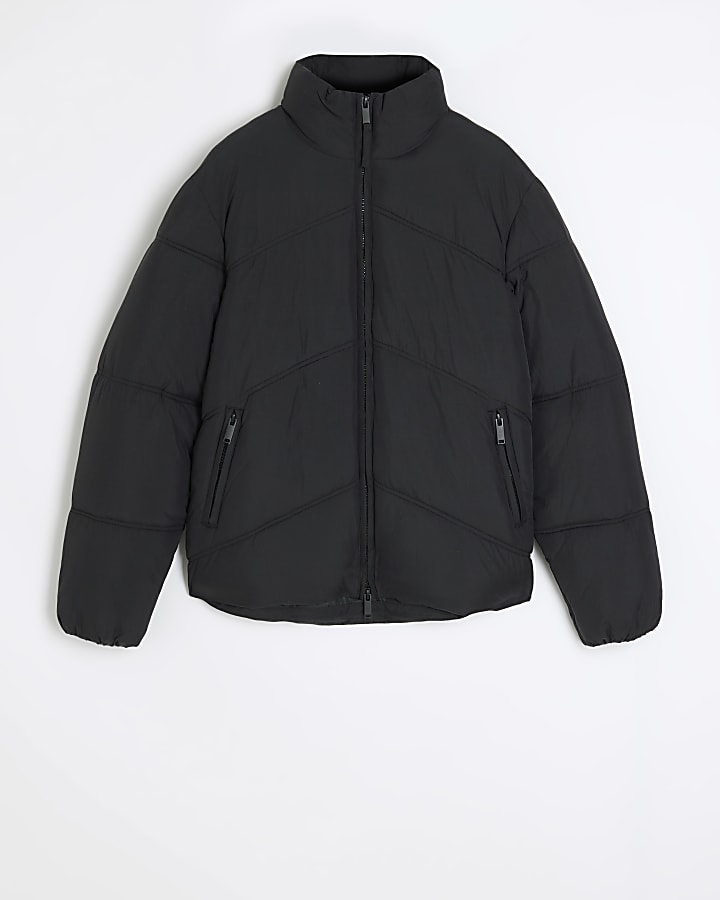 Black regular fit funnel puffer jacket