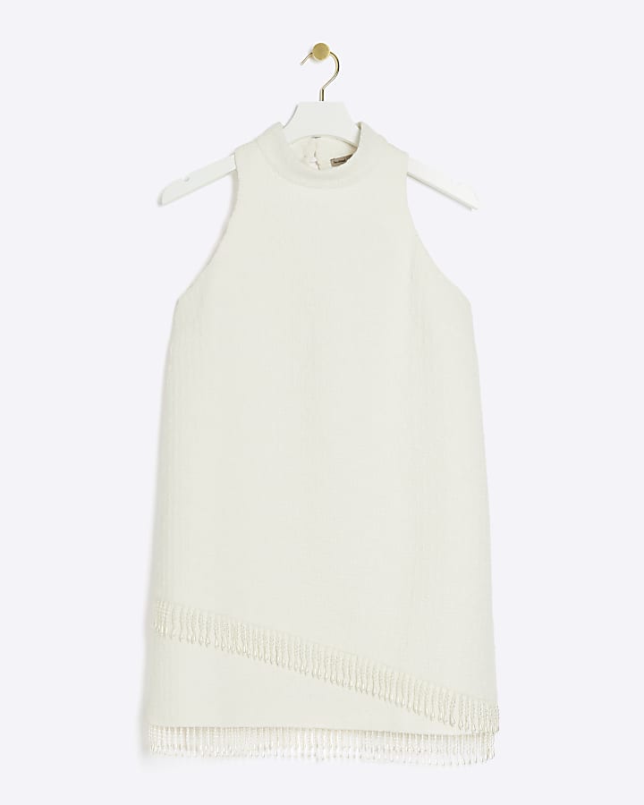 Cream boucle pearl trim shift mini dress