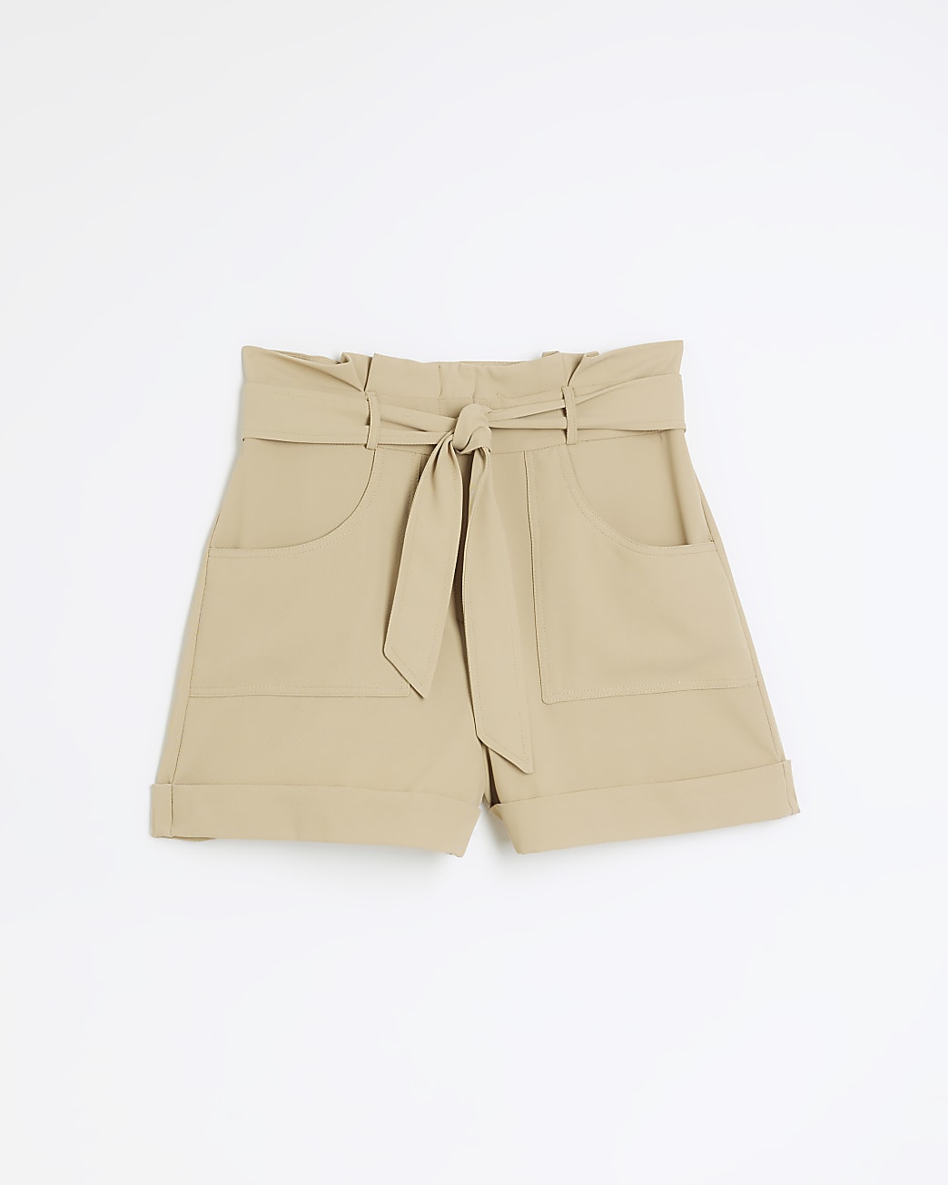 Beige Tie Front High Waisted Shorts
