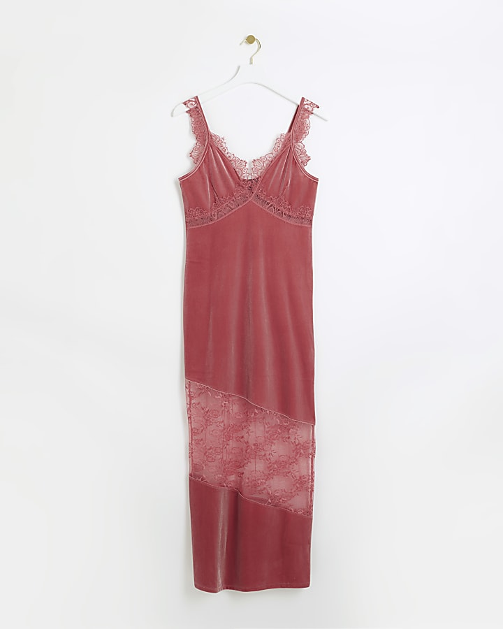 Pink velvet lace slip maxi dress