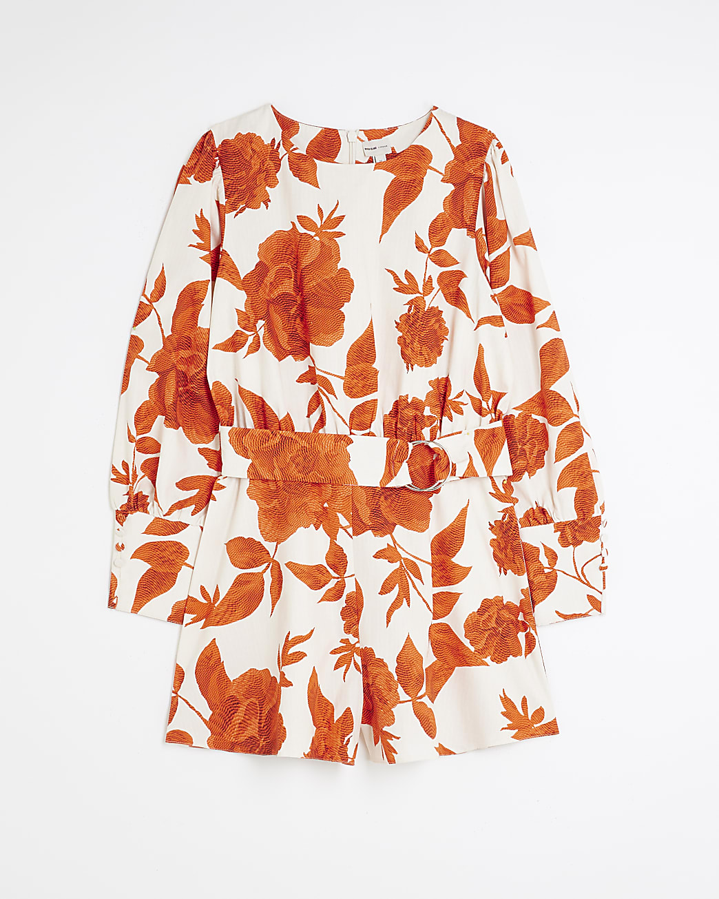 White belted floral long sleeve playsuit