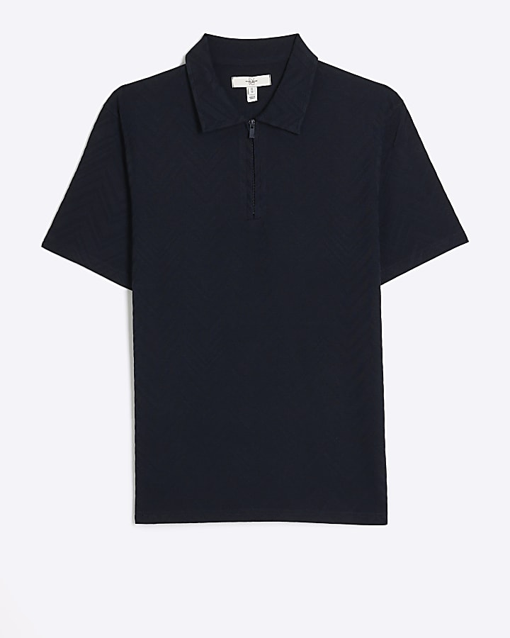 Navy Slim Fit Chevron Textured Polo Shirt