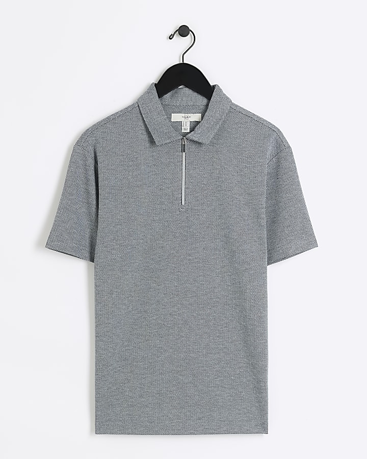 Grey regular fit Herringbone half zip polo