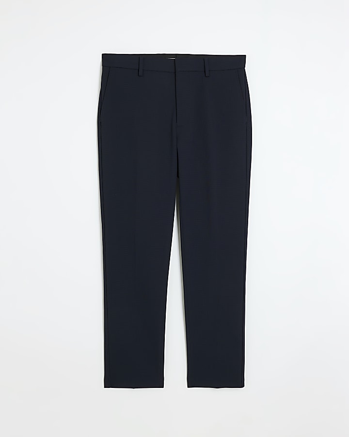 Navy slim fit waffle smart trousers