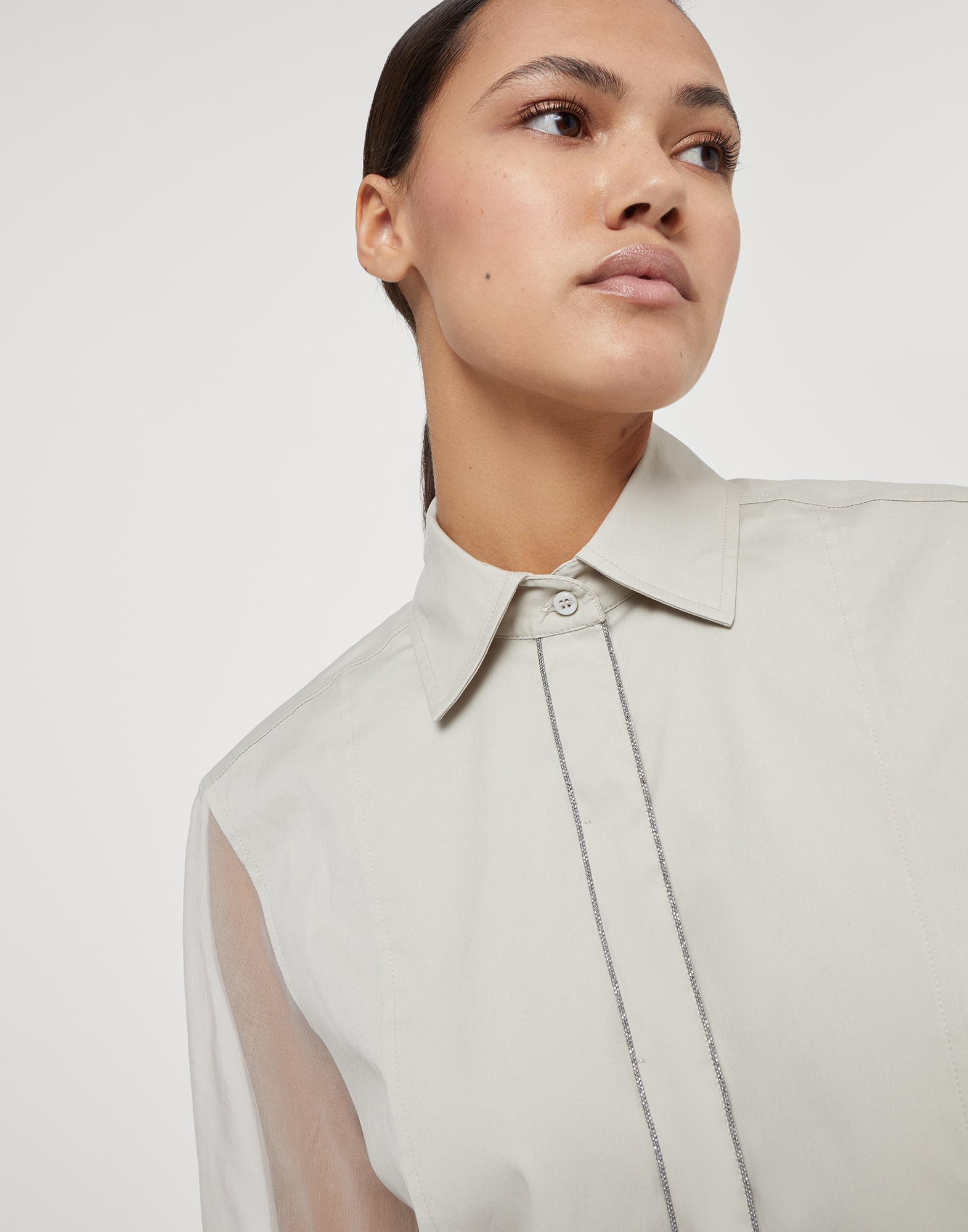 Stretch cotton poplin and crispy silk shirt with shiny trims