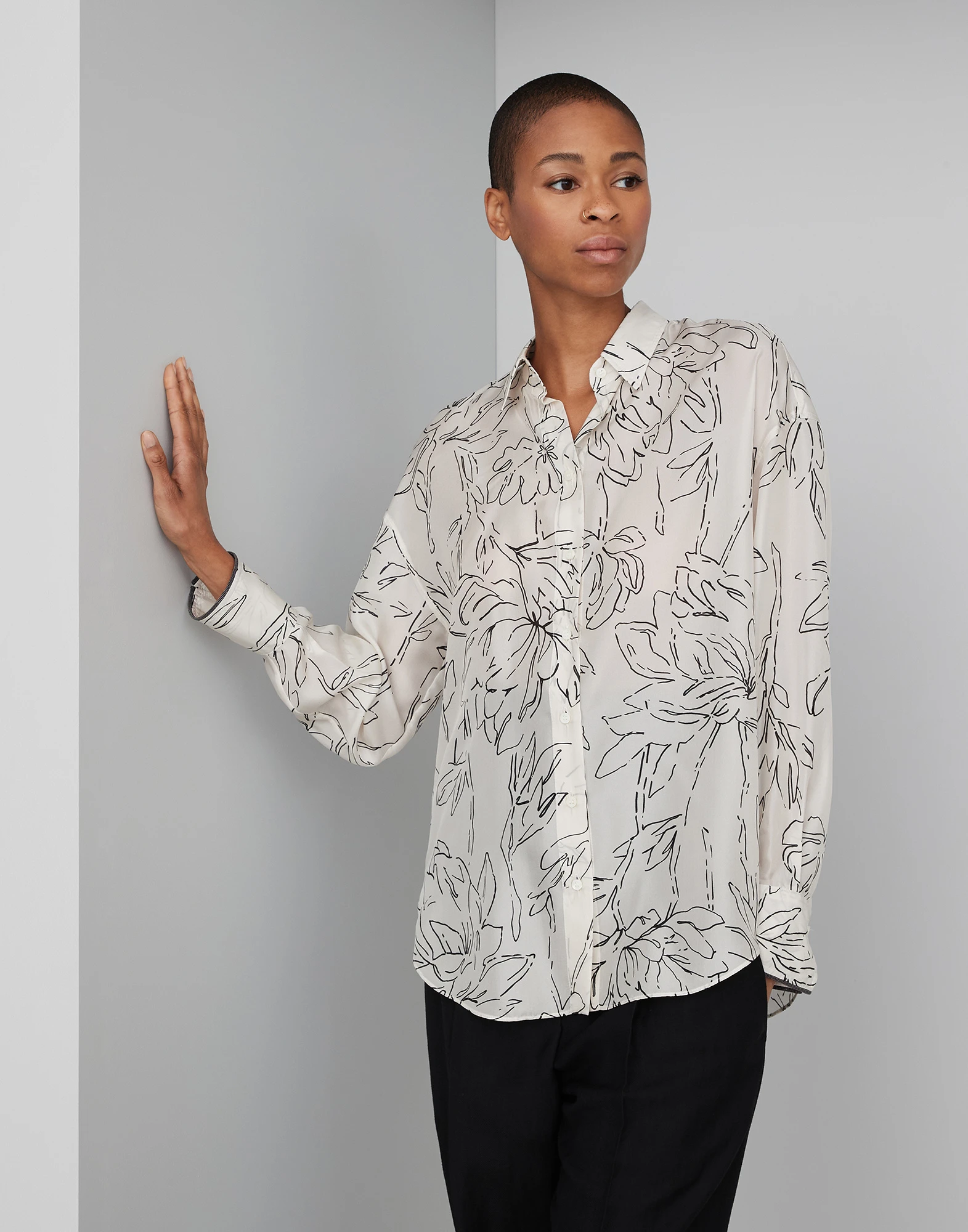 Silk ginkgo print pongee shirt with shiny cuff details