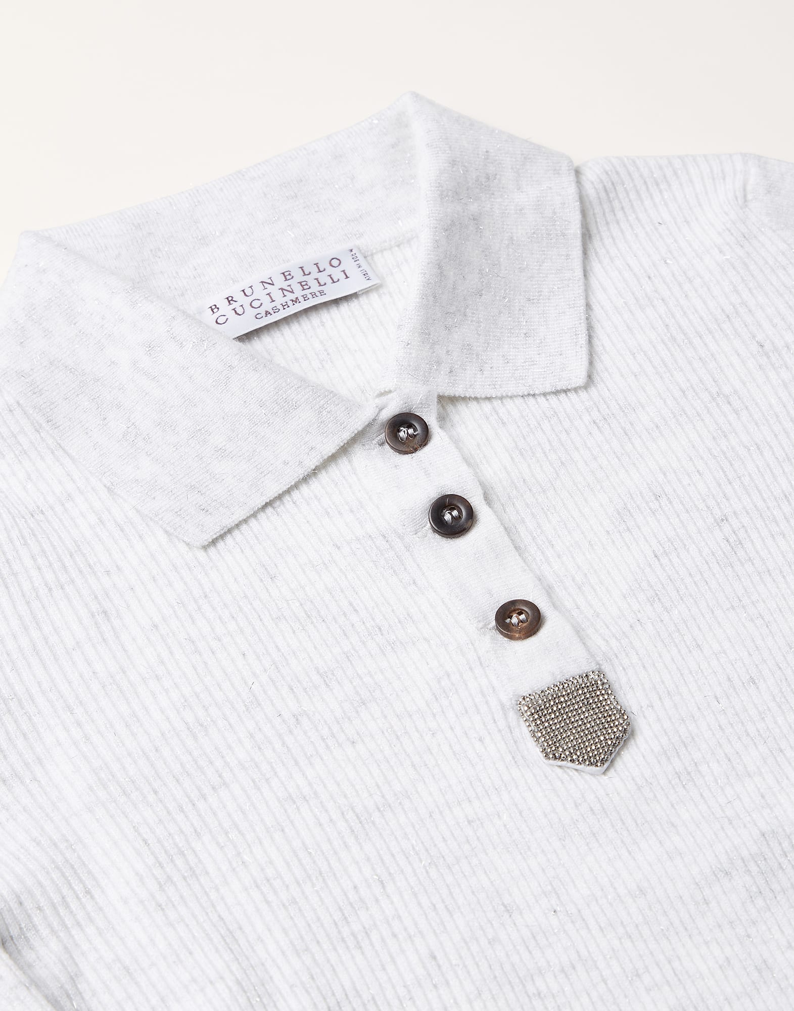 Ribbed sparkling cashmere lightweight polo-style sweater with monili