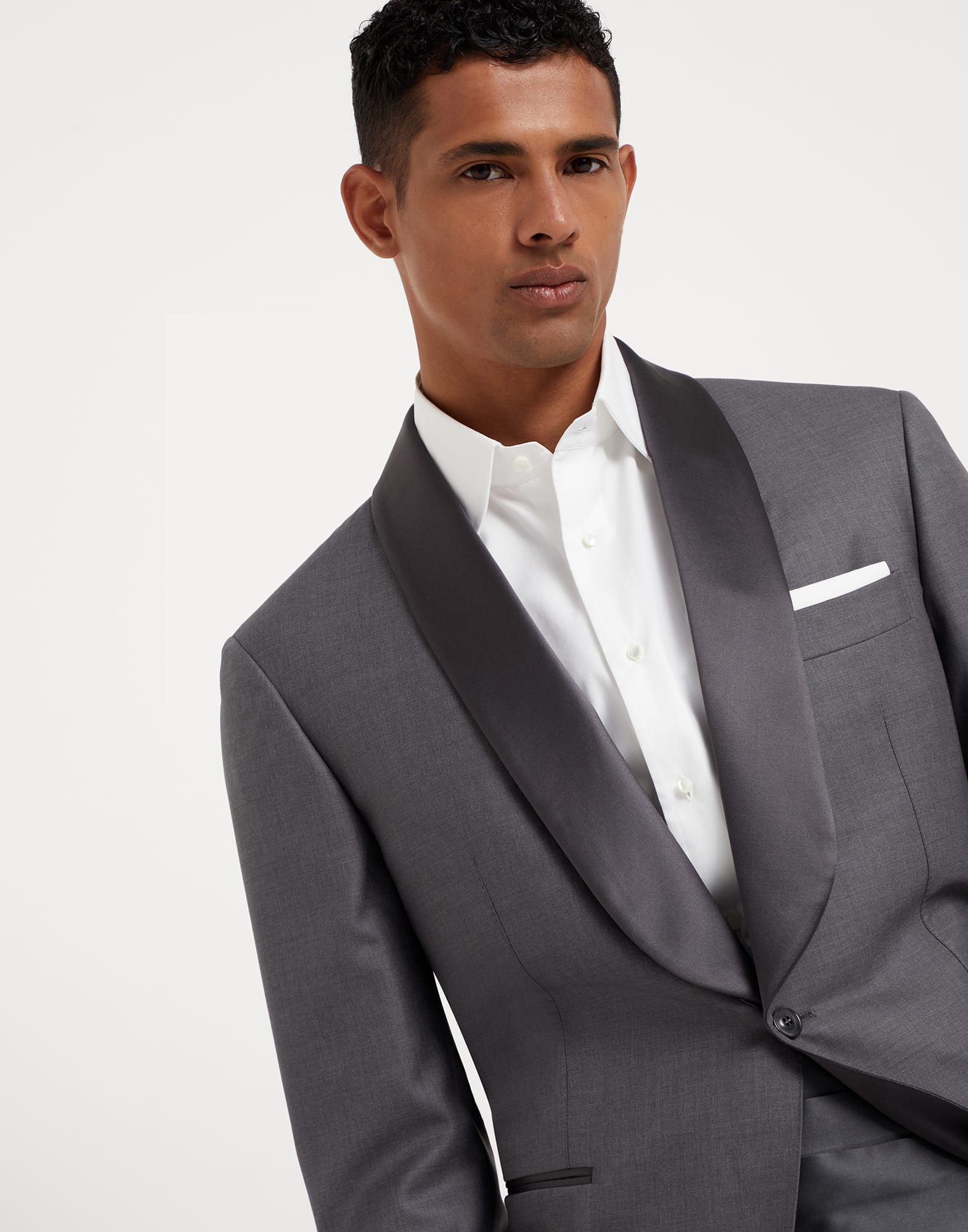 Lightweight virgin wool and silk twill tuxedo with shawl lapel jacket and pleated trousers