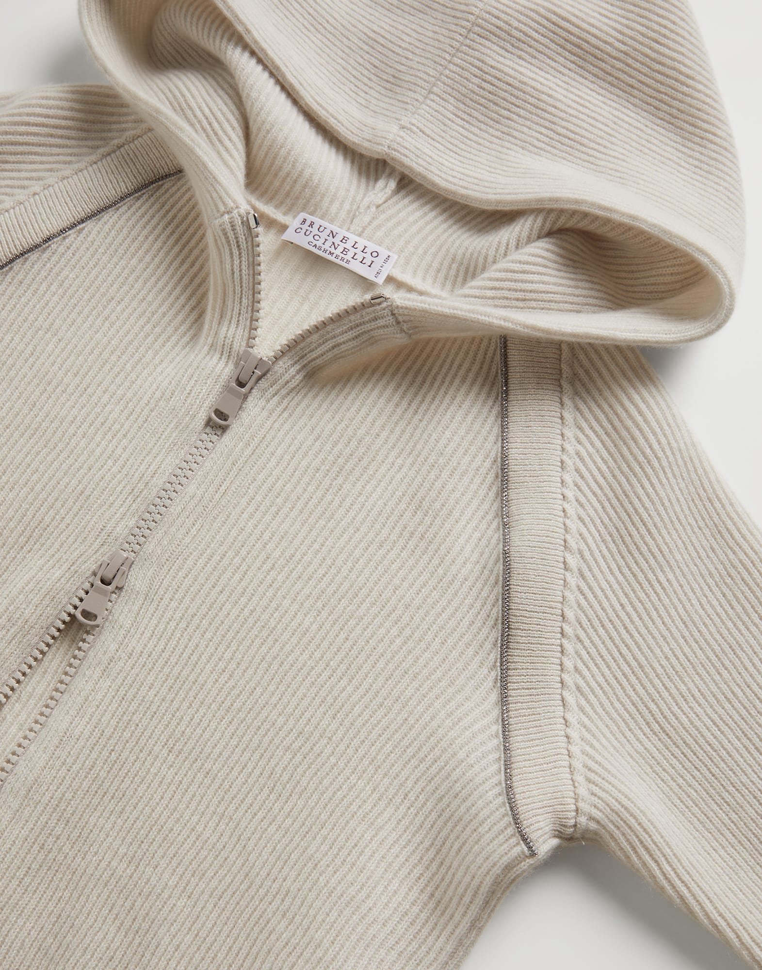 Cashmere English rib hooded cardigan with monili