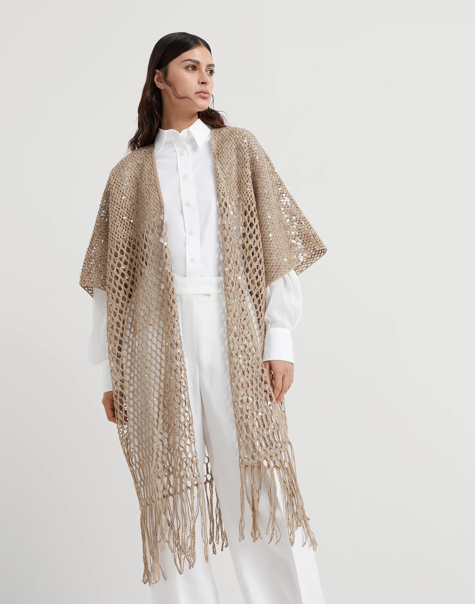 Dazzling degrade embroidery long cardigan in silk and linen