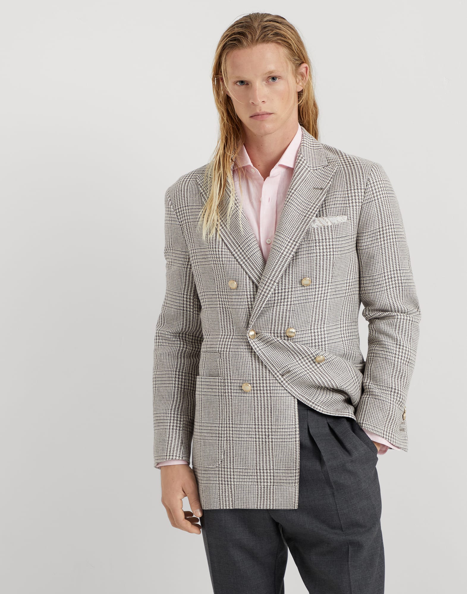 Linen, silk, wool and cotton Prince of Wales one-and-a-half breasted blazer with patch pockets and metal buttons