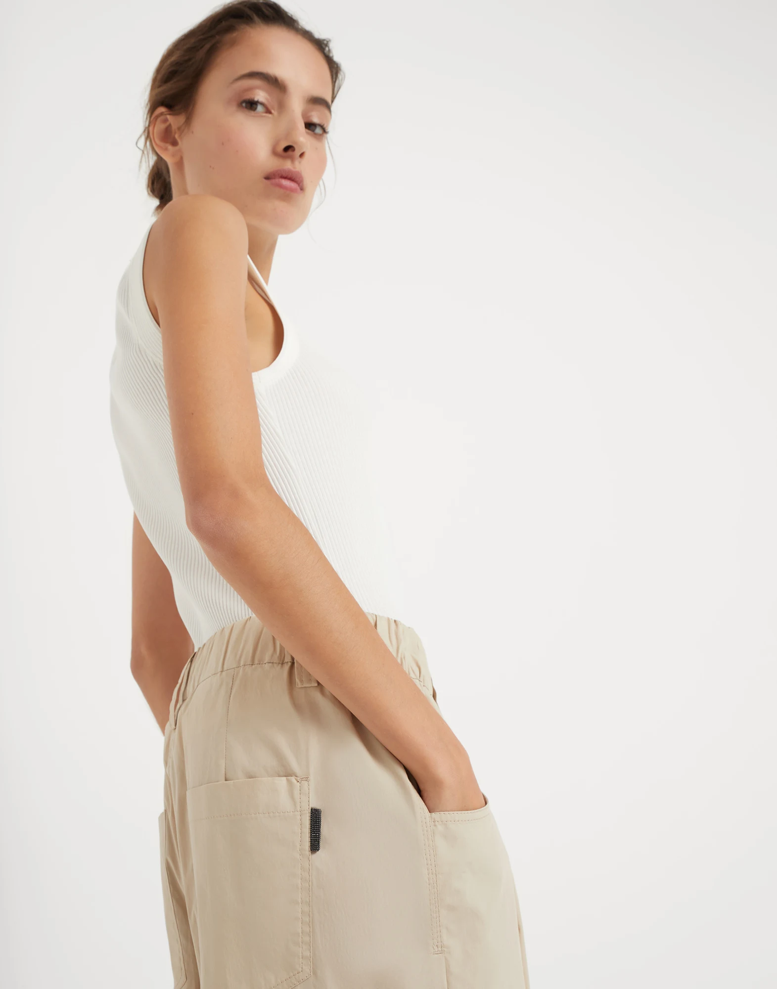 Lightweight cotton poplin baggy track trousers with shiny tab