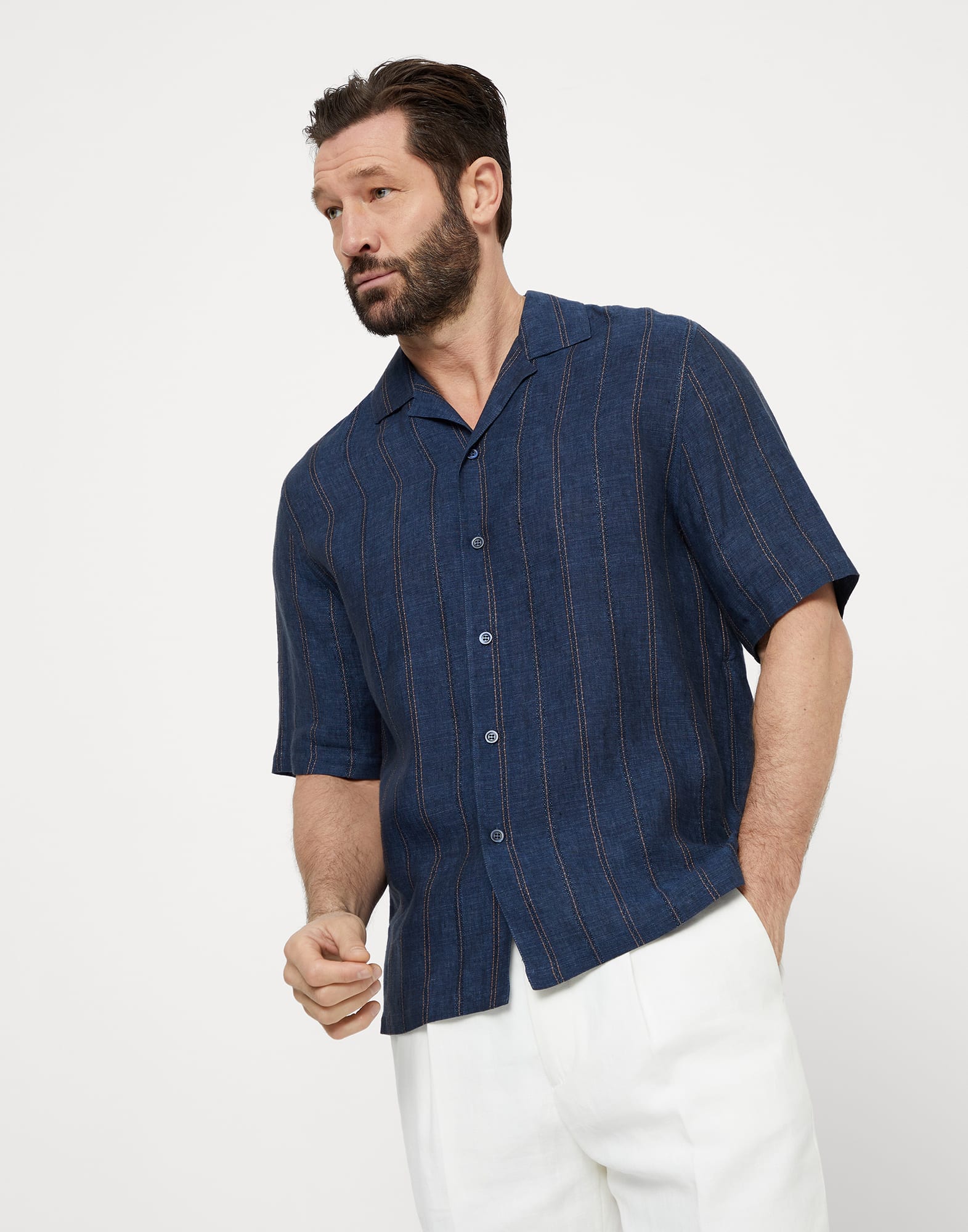 Textured stripe linen short sleeve easy fit shirt with camp collar