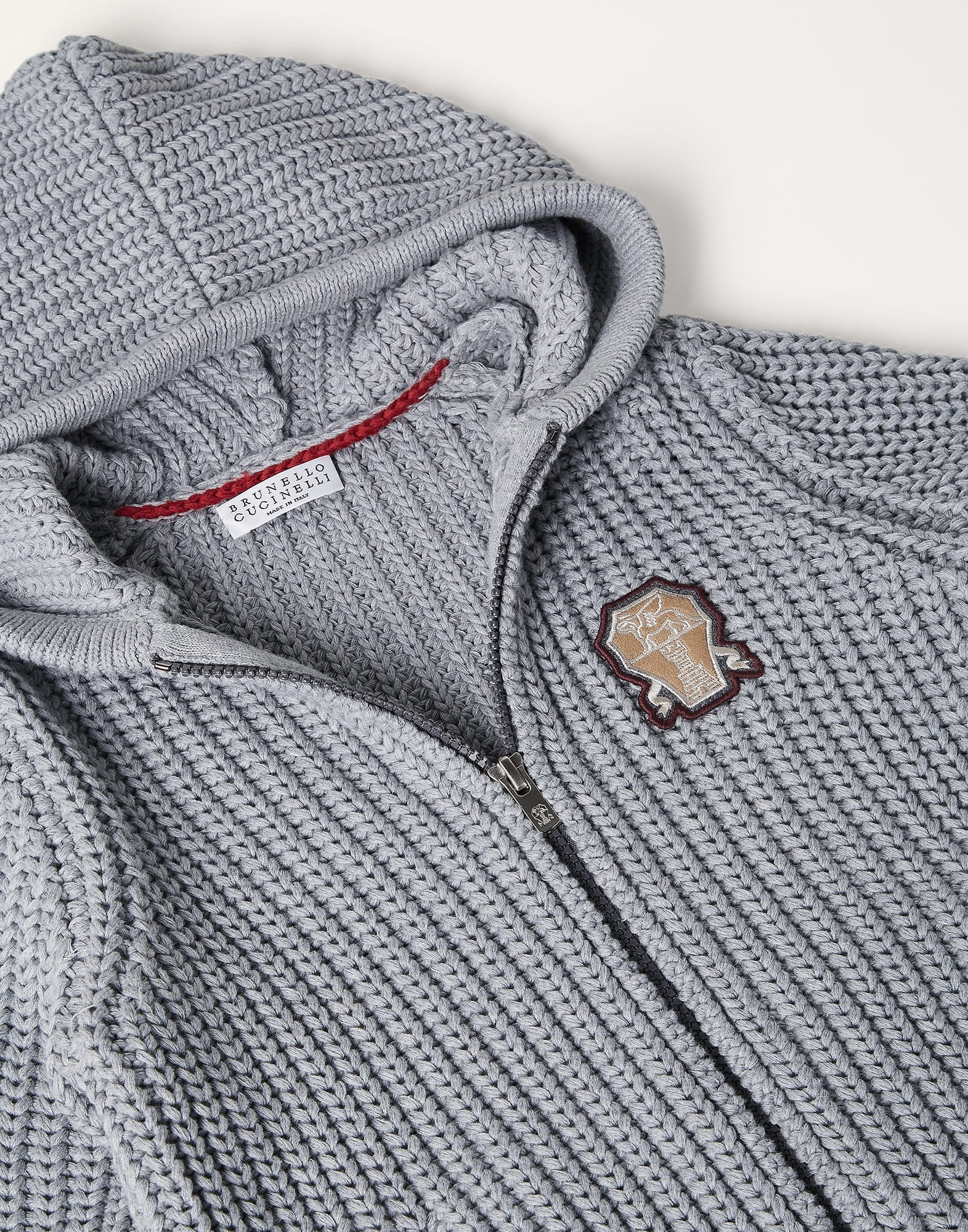 Cotton English rib hooded cardigan with zipper and patch