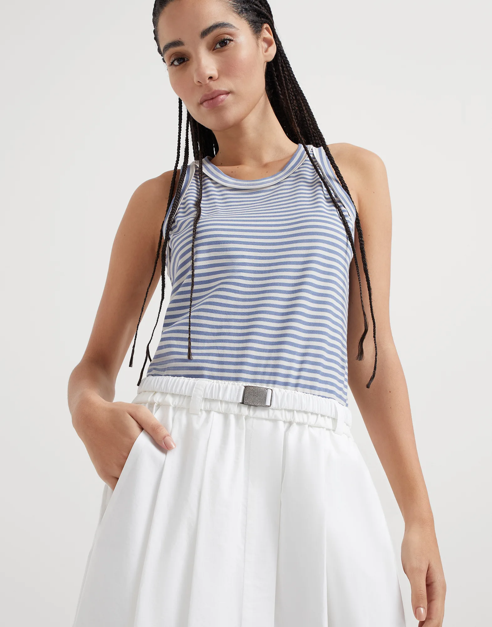Techno cotton poplin skirt with shimmering buckle