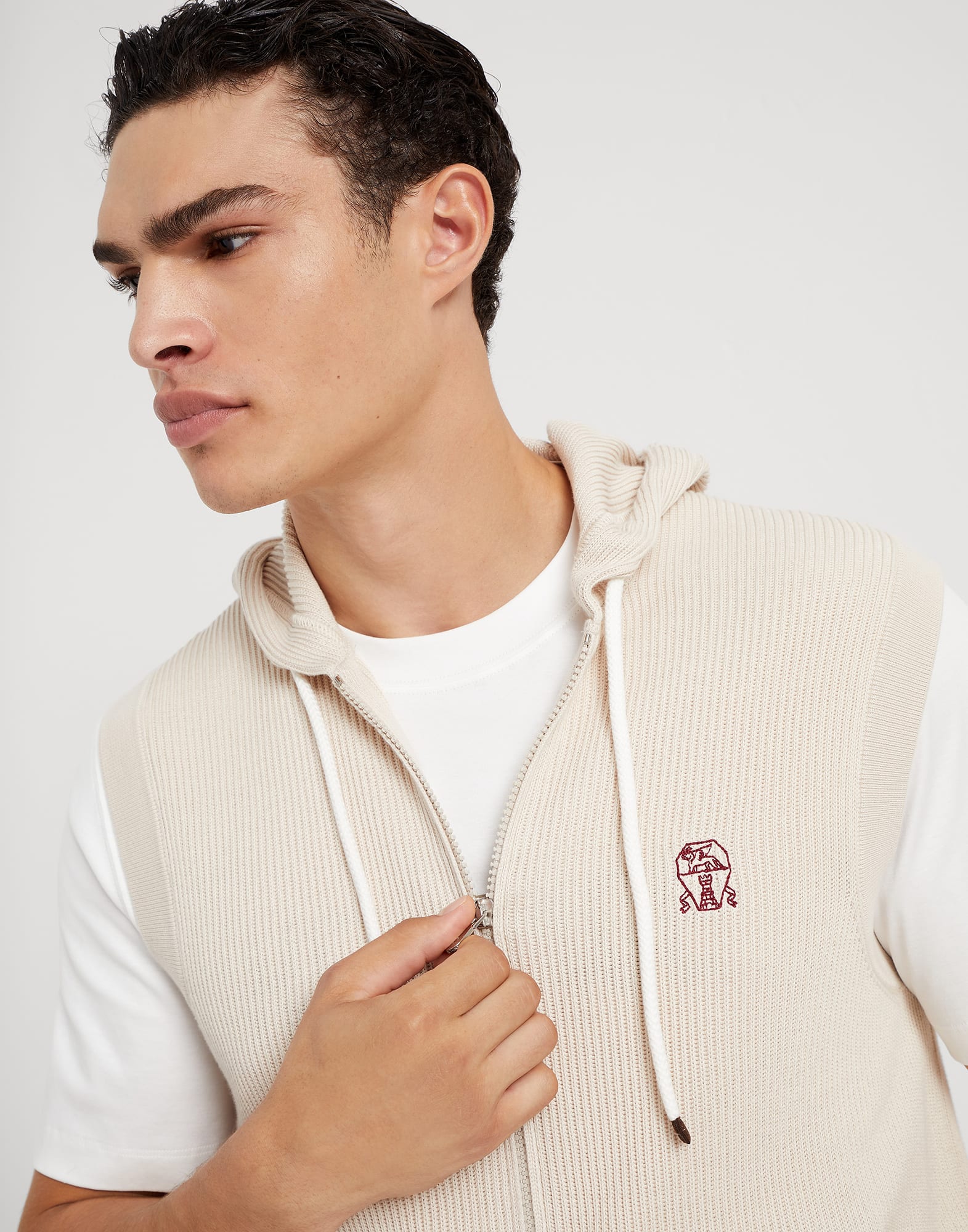 Cotton English rib sweater vest with zipper and hood
