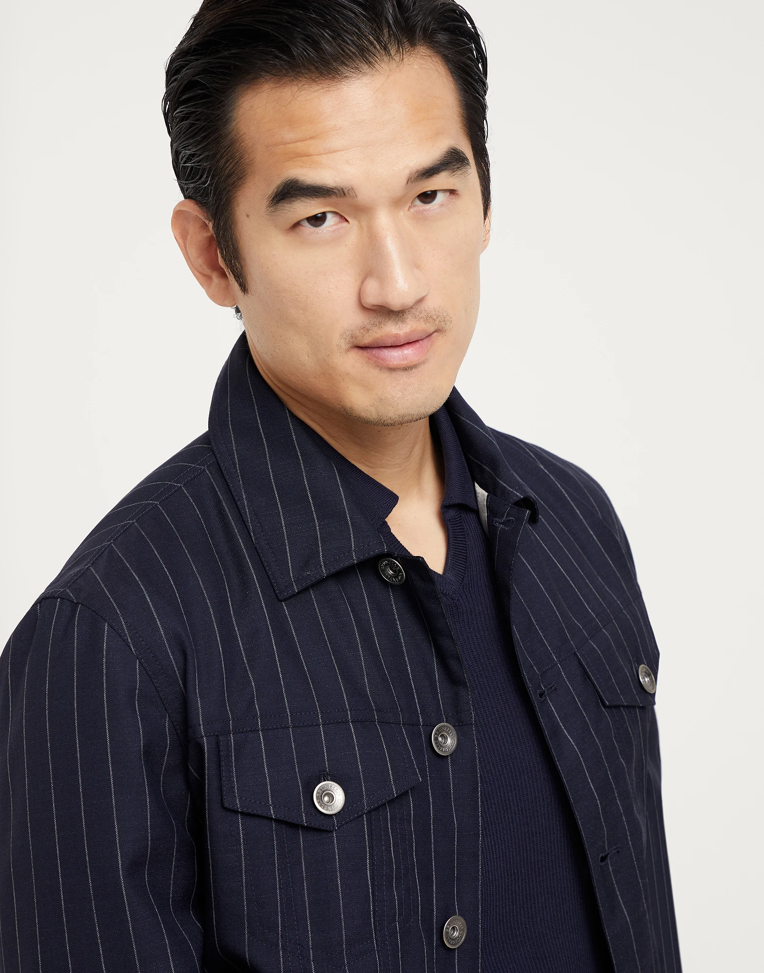Virgin wool chalk stripe four-pocket jacket