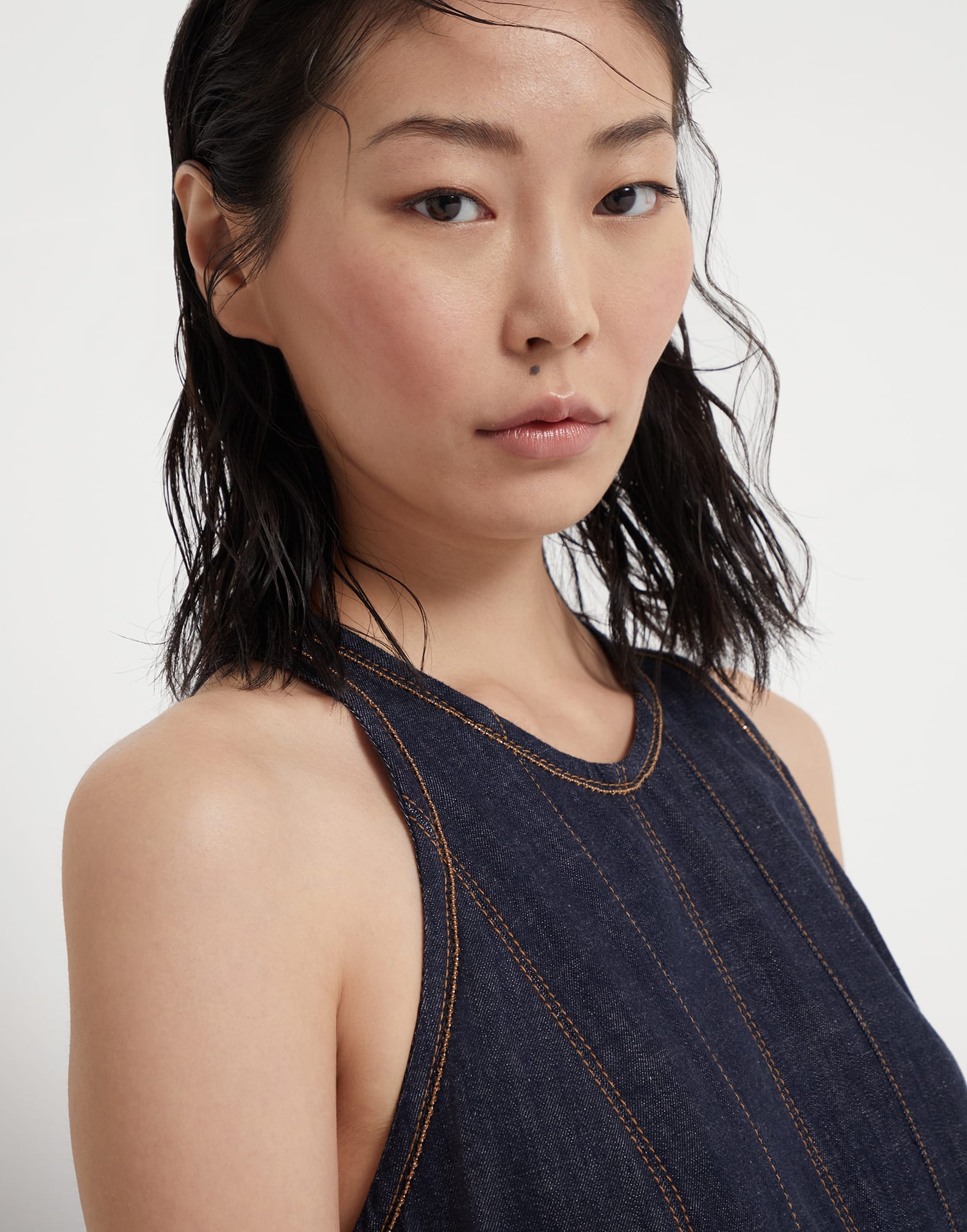 Lightweight wet-effect denim dress with shiny trims