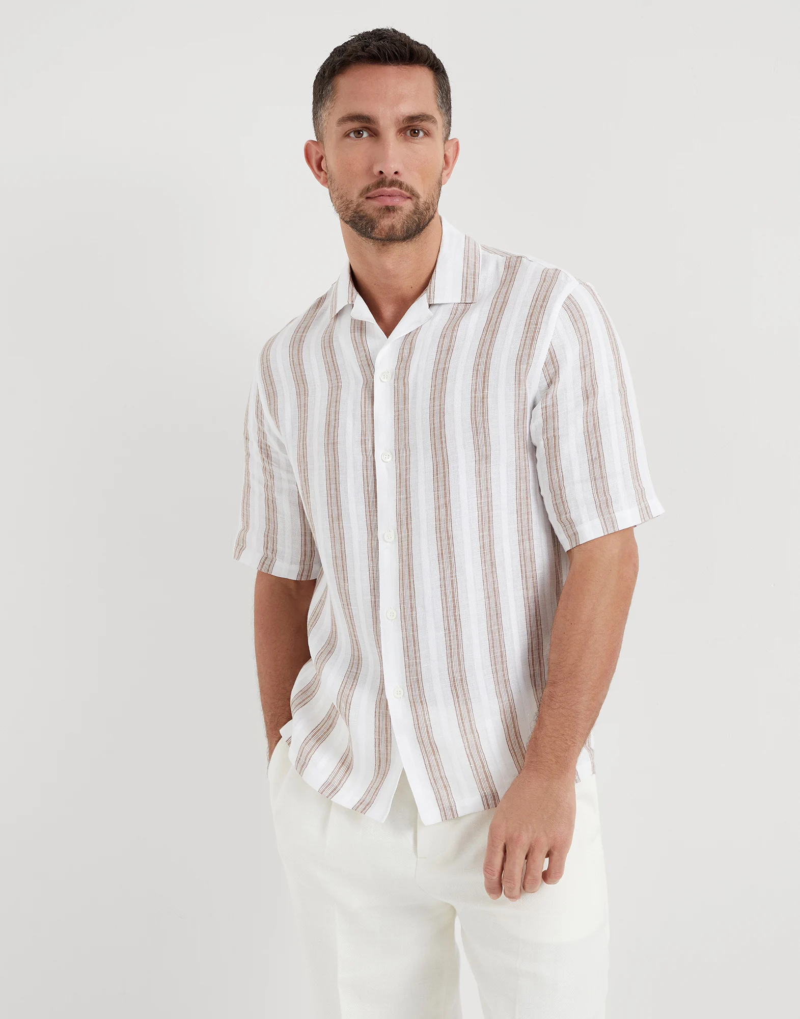 Textured striped linen short sleeve easy fit shirt with camp collar