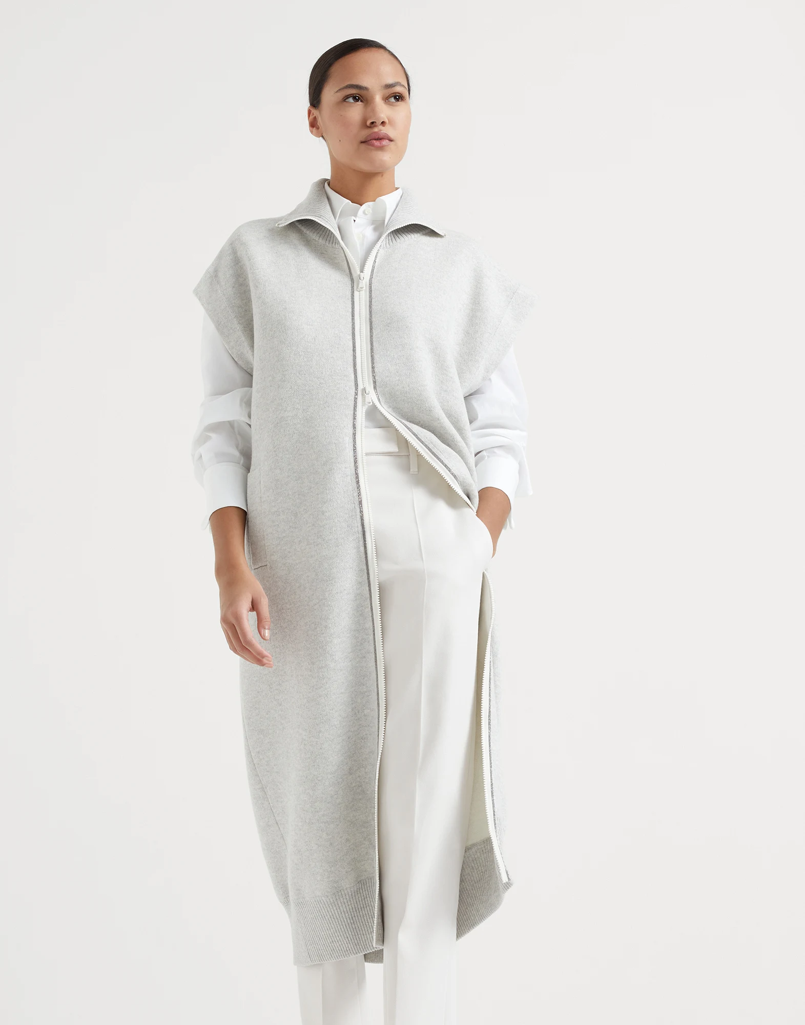 Cashmere double knit long cardigan with shiny trims