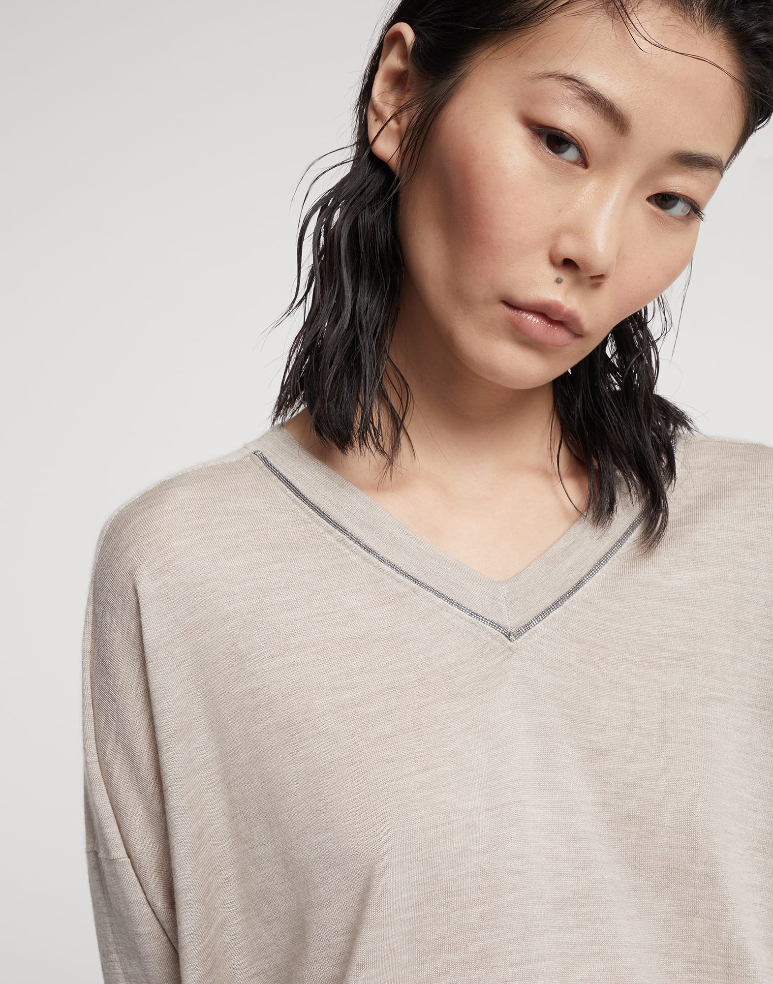 Cashmere and silk lightweight sweater with shiny collar trim
