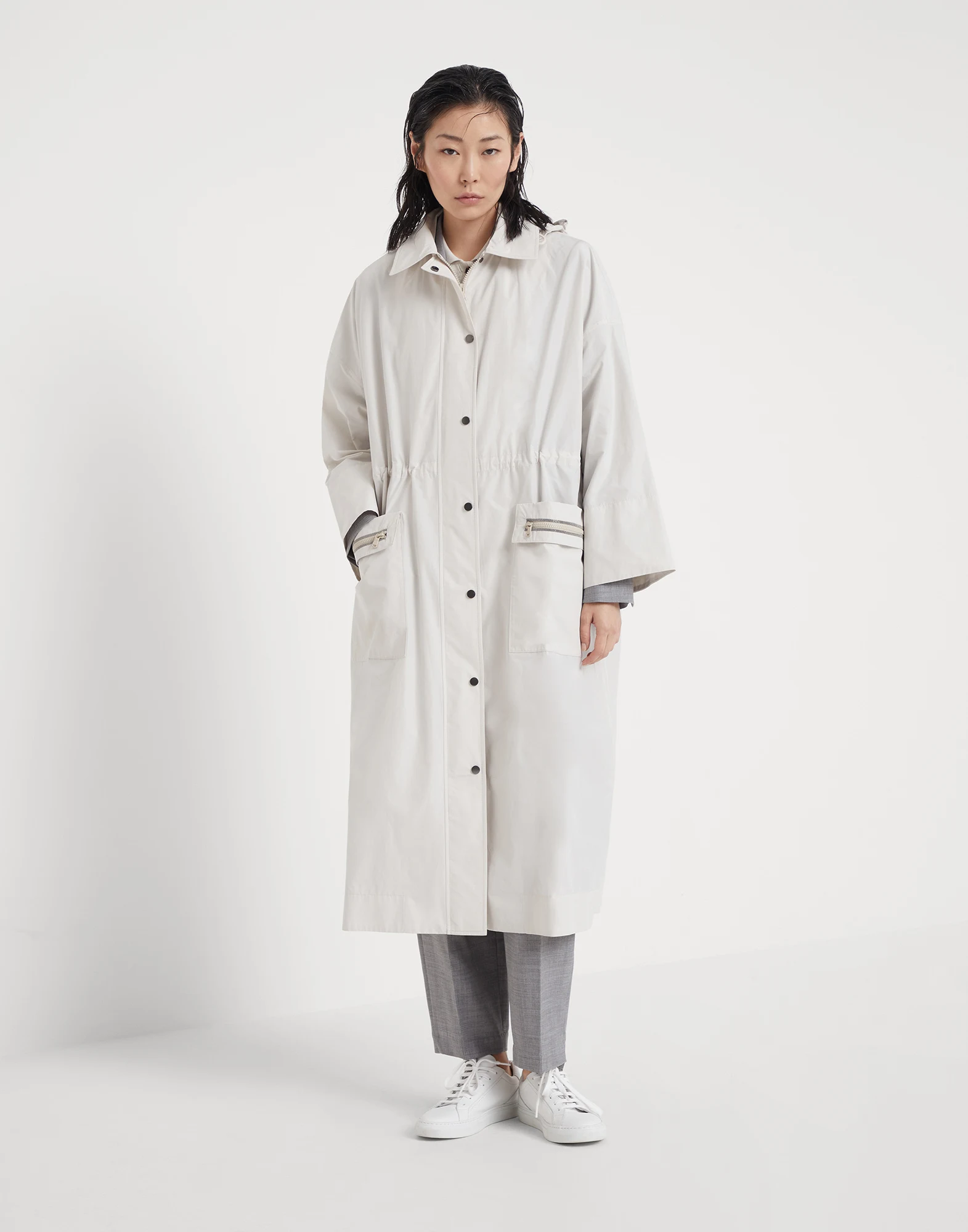 Water-resistant taffeta outerwear jacket with shiny pocket trim