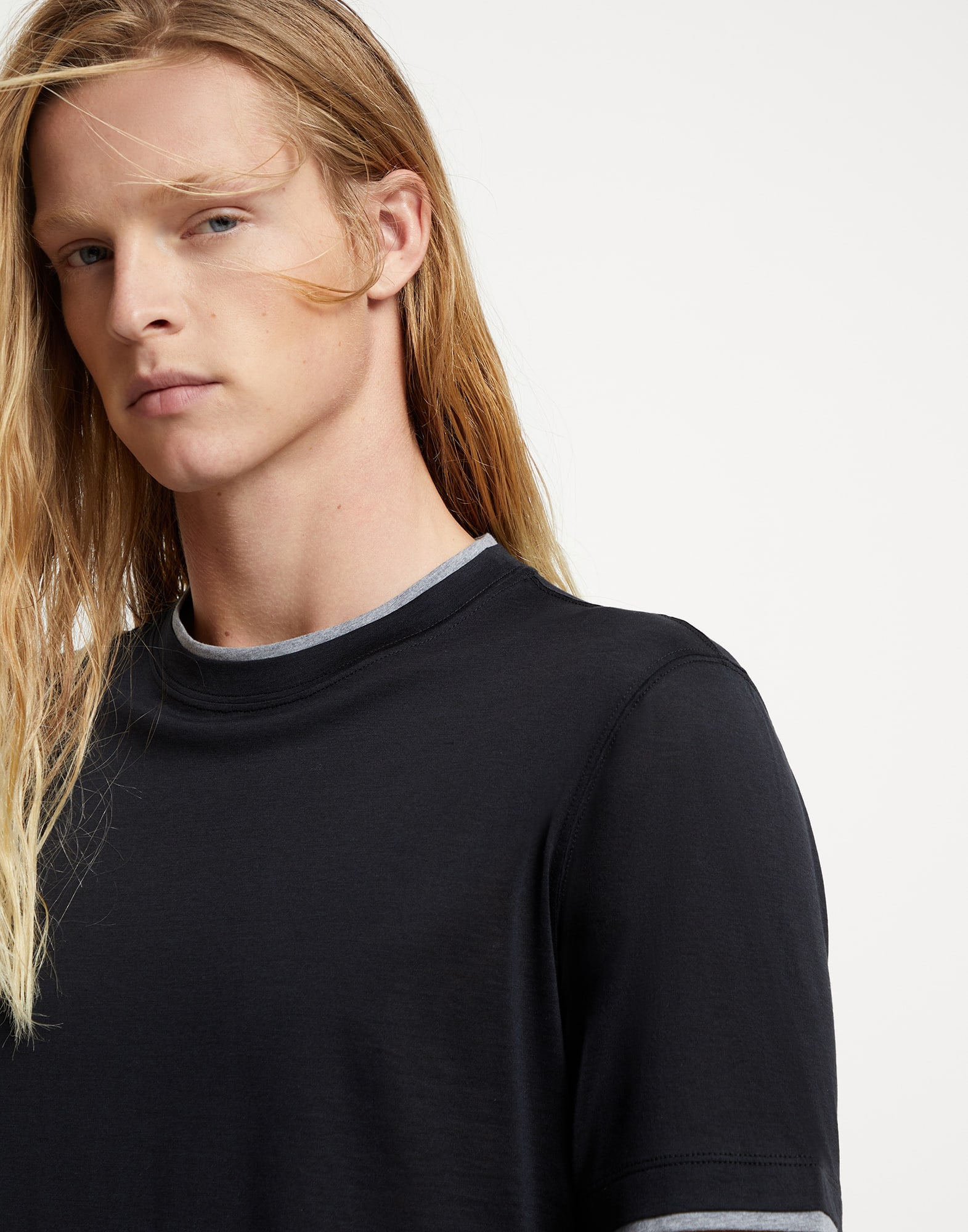 Silk and cotton jersey crew neck T-shirt with faux-layering