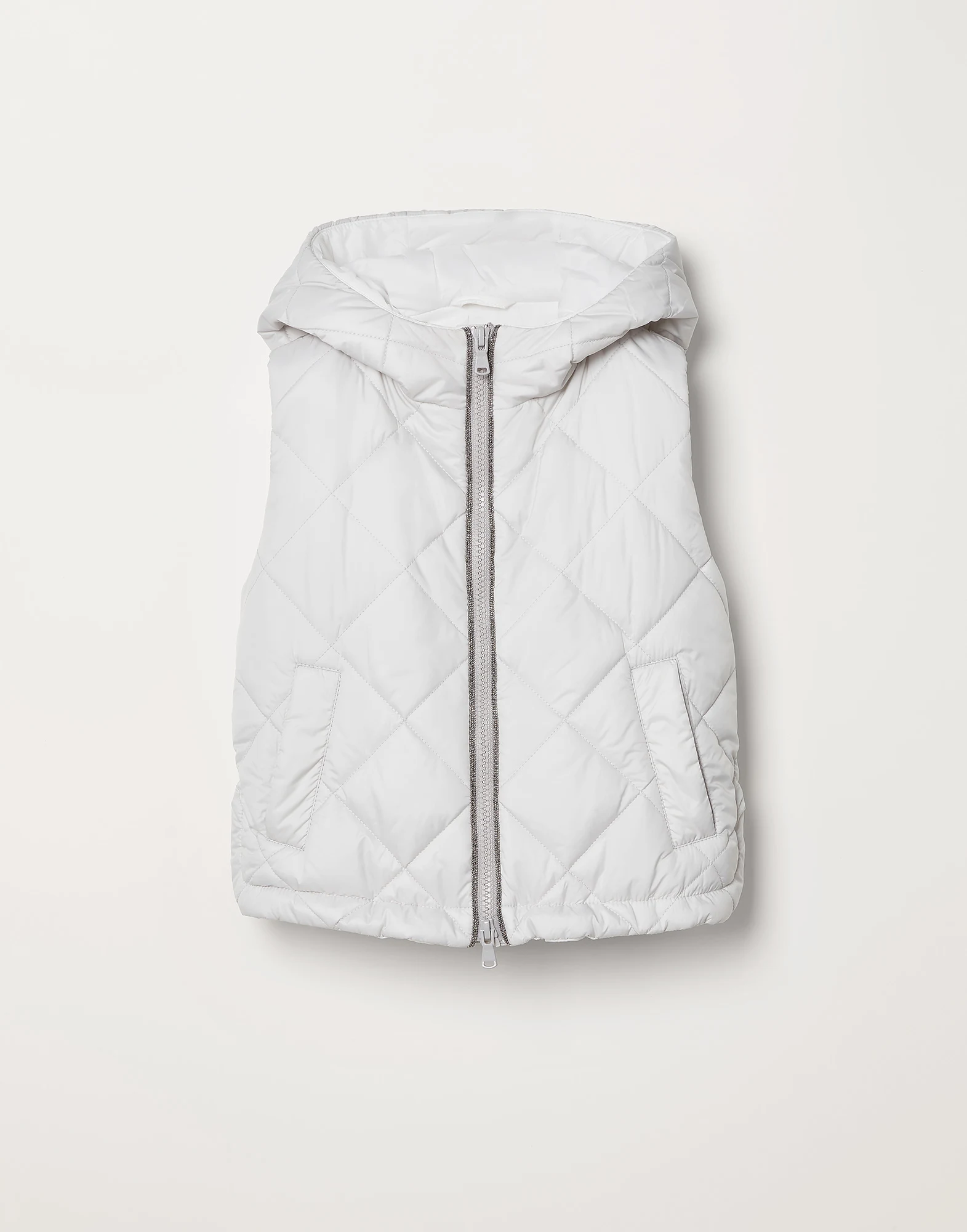 Water-resistant nylon hooded outerwear vest with Thermore? padding and monili