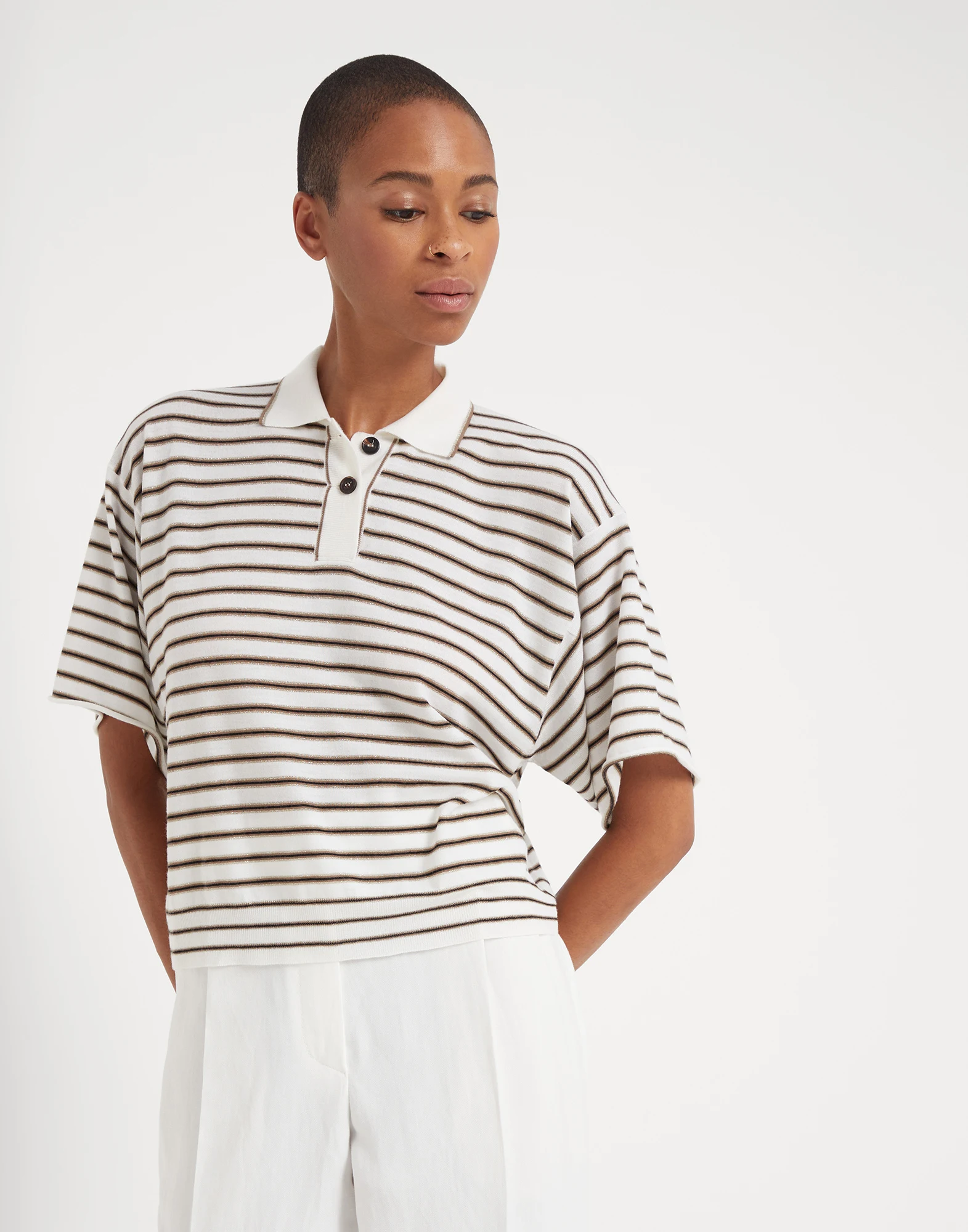 Sparkling stripe lightweight knit polo in virgin wool and cashmere